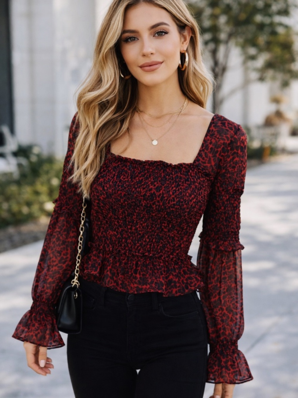 Walter Baker Serena Top Red Leopard Smocked Ruffle Blouse S